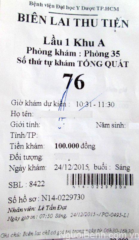 biên lai thu tiển khám chuyên khoa tại bệnh viện đại học y dược tphcm